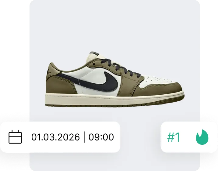 Sneaker-Produktkarte mit exaktem Release-Zeitpunkt und Anzeige des aktuellen Trend-Rankings.