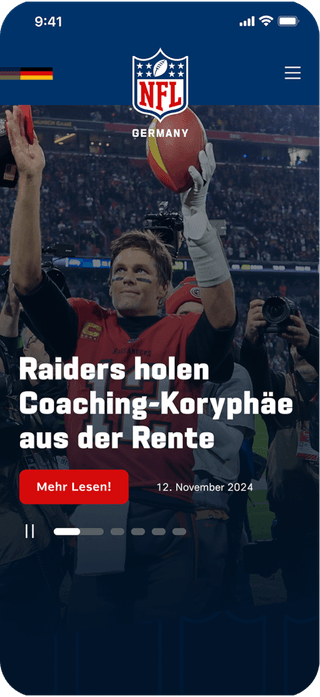 Hier ist ein Screendesign der NFL Germany Website hinterlegt, das einen News Eintrag zeigt.