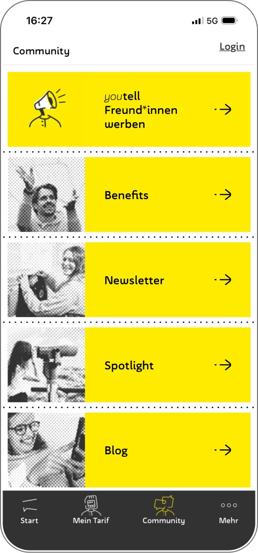 Community-Menü mit Einstiegen zu Freund*innen werben, Benefits, Newsletter, Spotlight und Blog.