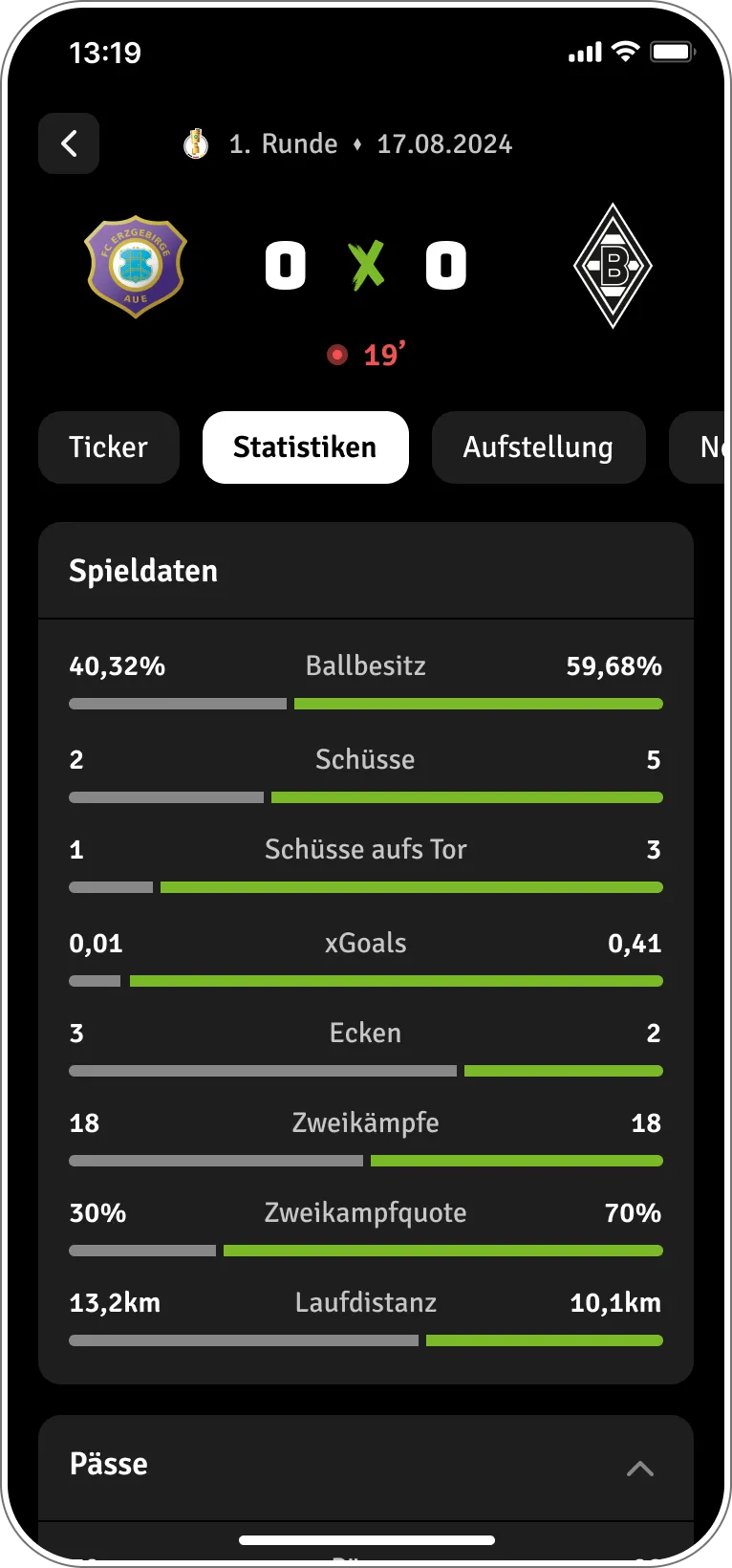 Live-Matchday-Statistiken mit Echtzeit-Vergleich beider Teams in der Fohlen-App.