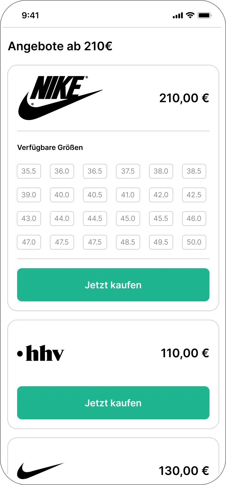 Übersicht verschiedener Händlerangebote zu einem Sneaker mit Preisen, verfügbaren Größen und direkter Weiterleitung zu Shops.