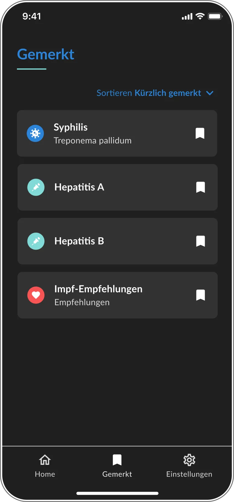 Gefüllte Merkliste der DSTIG-App im Dark Mode mit gespeicherten Erkrankungen, Impfungen und Empfehlungen.