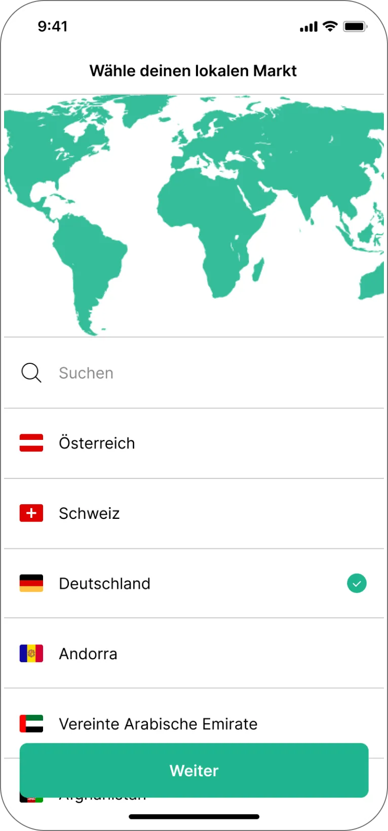 Onboarding-Screen der Grailify-App zur Auswahl des lokalen Marktes für regionale Sneaker-Releases und Angebote.